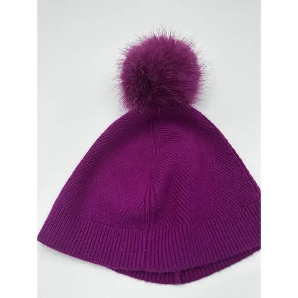 L.K. Bennett London Wool Cashmere Beanie Hat Purple Fur Pom One Size - Picture 2 of 5